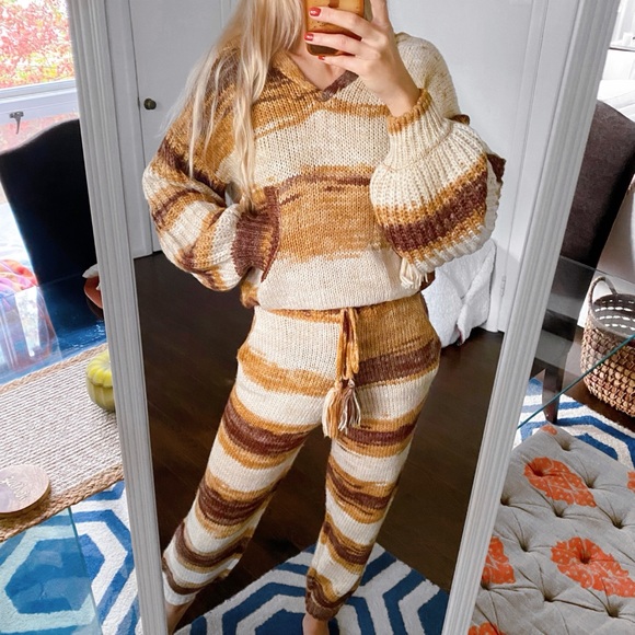 🍂 MOON RIVER BROWN TAN OMBRE KNIT TASSEL PANTS & HOODIE SET! - Picture 7 of 16